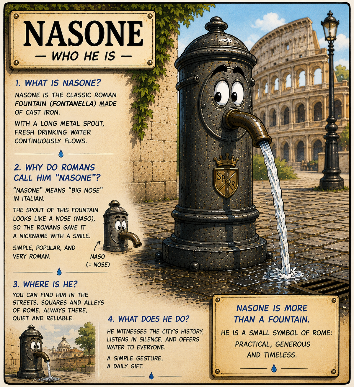 Nasone — who he is. 1. What is Nasone? Nasone is the classic Roman fountain (fontanella) made of cast iron. With a long metal spout, fresh drinking water continuously flows. 2. Why do Romans call him "Nasone"? "Nasone" means "big nose" in Italian. The spout of this fountain looks like a nose (naso), so the Romans gave it a nickname with a smile. Simple, popular, and very Roman. 3. Where is he? You can find him in the streets, squares and alleys of Rome. Always there, quiet and reliable. 4. What does he do? He witnesses the city's history, listens in silence, and offers water to everyone. A simple gesture, a daily gift. Nasone is more than a fountain. He is a small symbol of Rome: practical, generous and timeless.